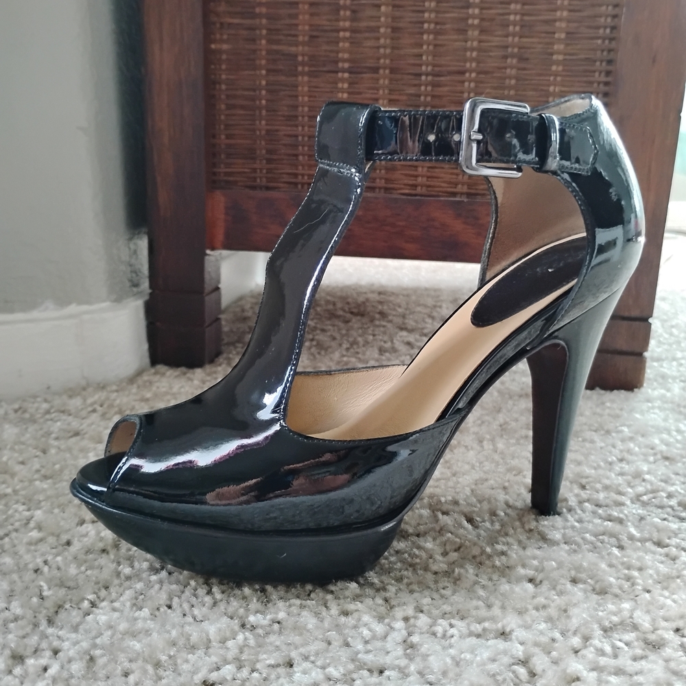 Cole Haan Black Patent Leather T-Strap Peep Toe Heels